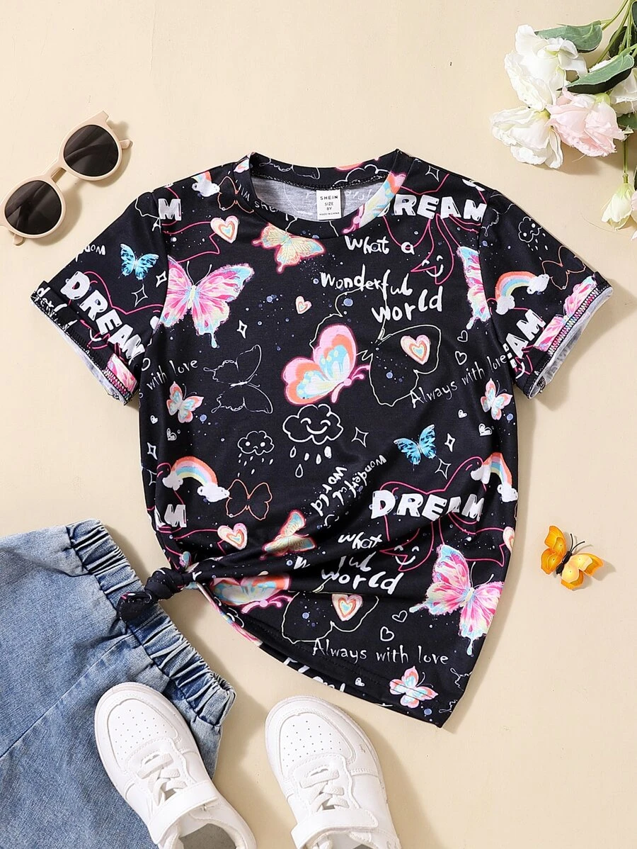 SHEIN 女孩蝴蝶和字母圖案T恤 - 黑色 - 查看 1
