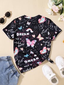 SHEIN 女孩蝴蝶和字母圖案T恤 - 黑色 - 查看 2