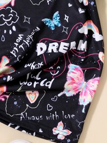 SHEIN 女孩蝴蝶和字母圖案T恤 - 黑色 - 查看 4
