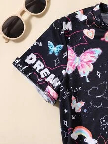 SHEIN 女孩蝴蝶和字母圖案T恤 - 黑色 - 查看 5