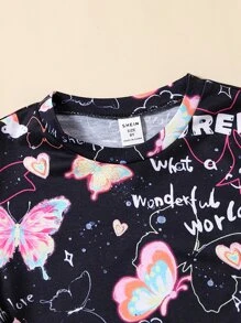 SHEIN 女孩蝴蝶和字母圖案T恤 - 黑色 - 查看 6