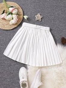 Girls Solid Belted Pleated Skirt - White - View 2