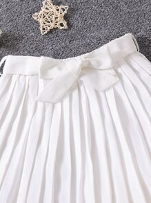 Girls Solid Belted Pleated Skirt - White - View 3