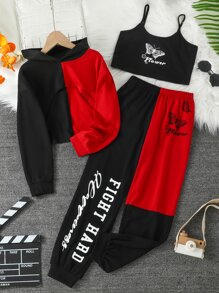 Girls Letter And Butterfly Print Cami Top & Pullover & Joggers - Multicolor - View 1