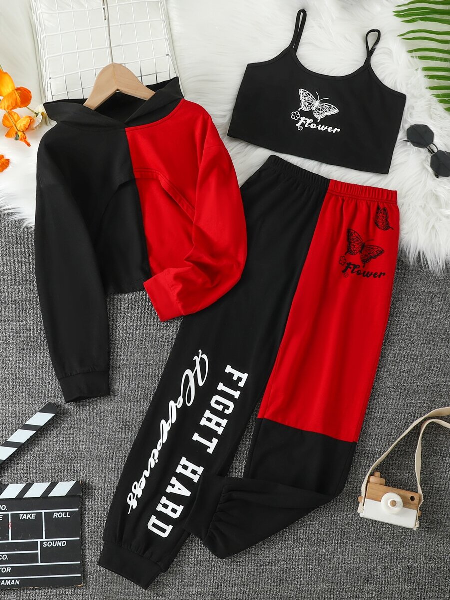 Girls Letter And Butterfly Print Cami Top & Pullover & Joggers - Multicolor - View 1