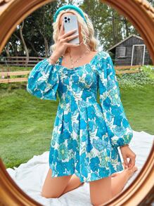 SHEIN VCAY Floral Print Lantern Sleeve Ruched Bust Fold Pleated Detail Dress - Mint Blue - View 2