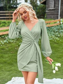 SHEIN VCAY Textured Lantern Sleeve Knot Side Wrap Dress - Mint Green - View 5