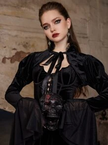 ROMWE Goth Tie Neck Flounce Sleeve Crop Top - Black - View 2