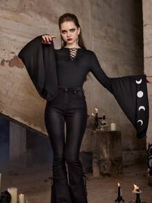 ROMWE Goth Moon Print Lace Up Front Flounce Sleeve Bodysuit - Black - View 2