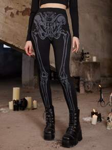 ROMWE Goth 骷髅圖案緊身打底褲 - 黑色 - 查看 1