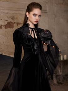 ROMWE Goth Tie Neck Flounce Sleeve Crop Top - Black - View 3