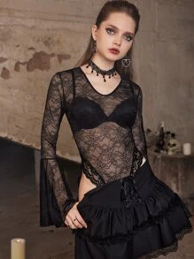 ROMWE Goth Floral Lace Teddy Bodysuit - Black - View 3
