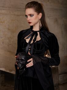 ROMWE Goth Tie Neck Flounce Sleeve Crop Top - Black - View 4