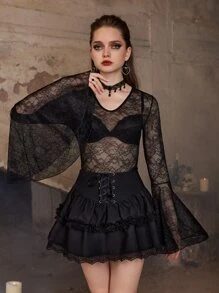ROMWE Goth Floral Lace Teddy Bodysuit - Black - View 4