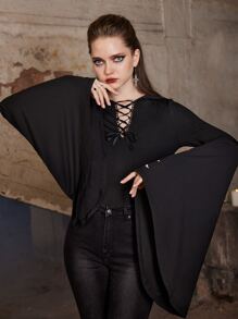 ROMWE Goth Moon Print Lace Up Front Flounce Sleeve Bodysuit - Black - View 4
