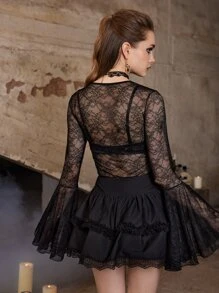 ROMWE Goth Floral Lace Teddy Bodysuit - Black - View 6