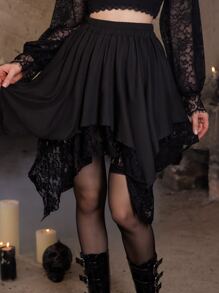 ROMWE Goth 蕾絲拼接手帕下擺半身裙 - 黑色 - 查看 2