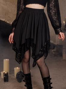 ROMWE Goth 蕾絲拼接手帕下擺半身裙 - 黑色 - 查看 3