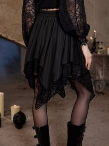 ROMWE Goth 蕾絲拼接手帕下擺半身裙 - 黑色 - 查看 4