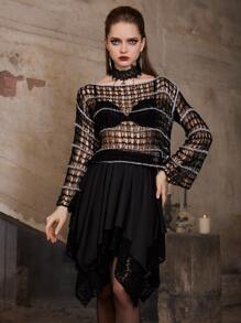 ROMWE Goth Jersey con abertura de hombros caídos - Negro - Ver 5