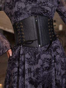 ROMWE Goth 繫帶腰封寬腰帶 - 黑色 - 查看 1