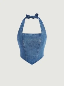 SHEIN MOD Hanky Hem Halter Denim Top - Medium Wash - View 1