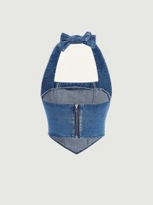SHEIN MOD Hanky Hem Halter Denim Top - Medium Wash - View 2