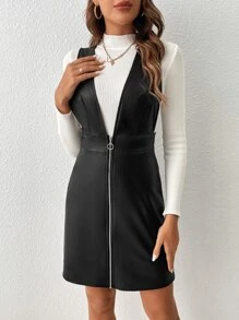 SHEIN Privé Đầm Gân đan Dây kéo màu trơn Giải trí - màu đen - Xem 3
