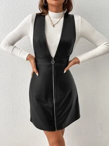 SHEIN Privé Đầm Gân đan Dây kéo màu trơn Giải trí - màu đen - Xem 5