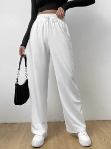 SHEIN Essnce 彈性腰帶前繫帶直筒褲 - 白色 - 查看 4