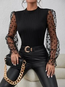 SHEIN Privé Contrast Dobby Mesh Flounce Sleeve Mock Neck Blouse - Black - View 1