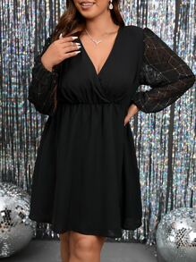 SHEIN Unity Plus Contrast Dobby Mesh Lantern Sleeve Overlap Collar Dress - Black - View 1