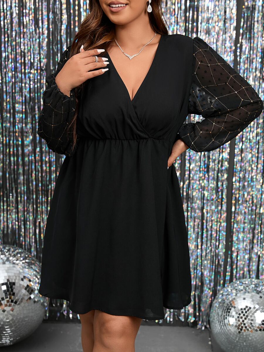 SHEIN Unity Plus Contrast Dobby Mesh Lantern Sleeve Overlap Collar Dress - Black - View 1
