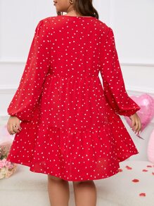 SHEIN LUNE Plus Heart Print Tie Neck Lantern Sleeve Ruffle Hem Dress - Red - View 2