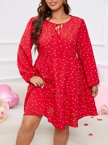 SHEIN LUNE Plus Heart Print Tie Neck Lantern Sleeve Ruffle Hem Dress - Red - View 4