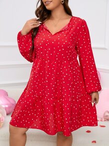 SHEIN LUNE Plus Heart Print Tie Neck Lantern Sleeve Ruffle Hem Dress - Red - View 6