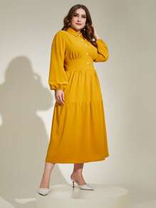 Mulvari 大碼燈籠袖荷葉邊襯衫洋裝 - 芥末黃 - 查看 1