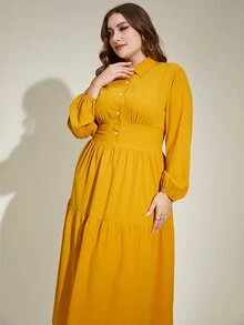 Mulvari 大碼燈籠袖荷葉邊襯衫洋裝 - 芥末黃 - 查看 4