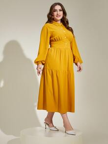 Mulvari 大碼燈籠袖荷葉邊襯衫洋裝 - 芥末黃 - 查看 7