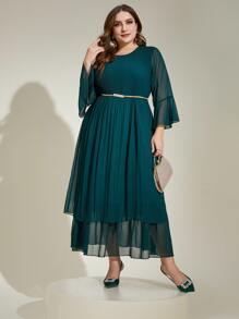 Modelyn Plus Flounce Sleeve Layer Hem Chiffon Dress Without Belt - Teal Blue - View 1