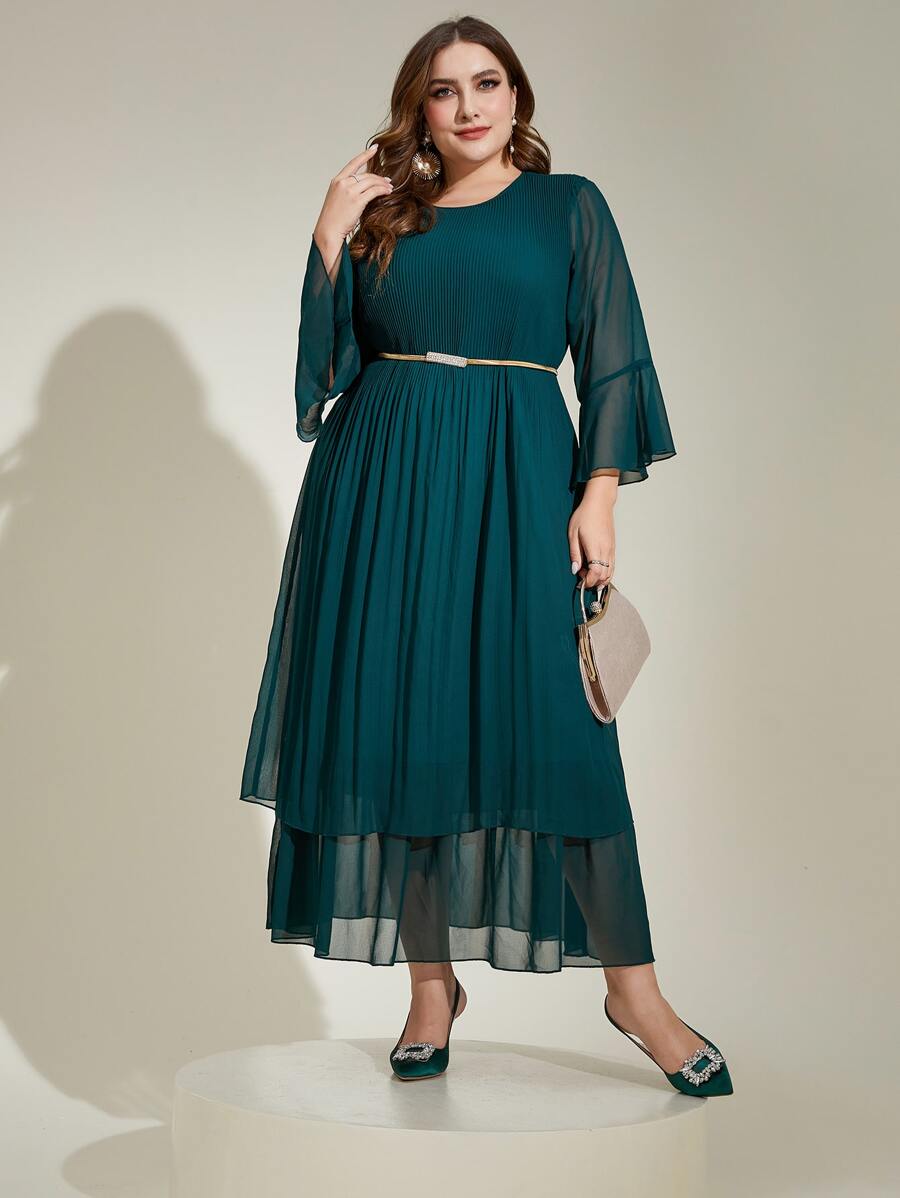 Modelyn Plus Flounce Sleeve Layer Hem Chiffon Dress Without Belt - Teal Blue - View 1