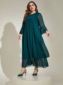 Modelyn Plus Flounce Sleeve Layer Hem Chiffon Dress Without Belt - Teal Blue - View 3