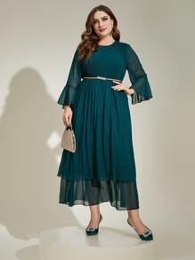 Modelyn Plus Flounce Sleeve Layer Hem Chiffon Dress Without Belt - Teal Blue - View 4