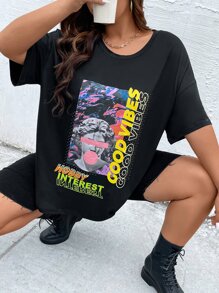 Flirla Camiseta de hombros caídos con estampado de figura y letra - Negro - Ver 4