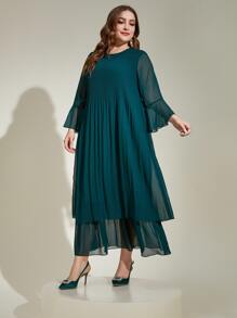 Modelyn Plus Flounce Sleeve Layer Hem Chiffon Dress Without Belt - Teal Blue - View 5