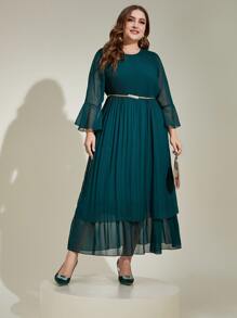 Modelyn Plus Flounce Sleeve Layer Hem Chiffon Dress Without Belt - Teal Blue - View 6