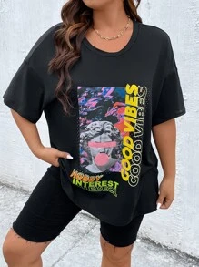 Flirla Camiseta de hombros caídos con estampado de figura y letra - Negro - Ver 5