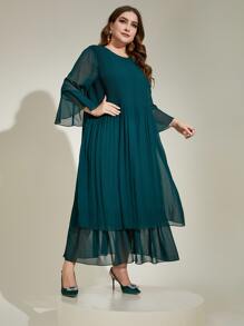 Modelyn Plus Flounce Sleeve Layer Hem Chiffon Dress Without Belt - Teal Blue - View 7