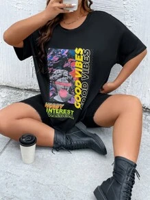 Flirla Camiseta de hombros caídos con estampado de figura y letra - Negro - Ver 6
