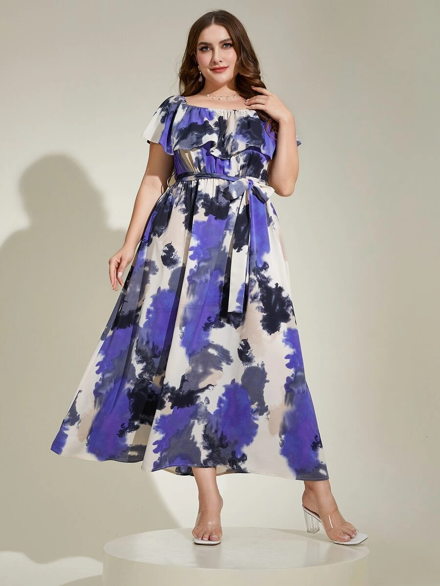 Modelyn Vestido con cinturón de tie dye ribete con fruncido - Multicolor - Ver 1